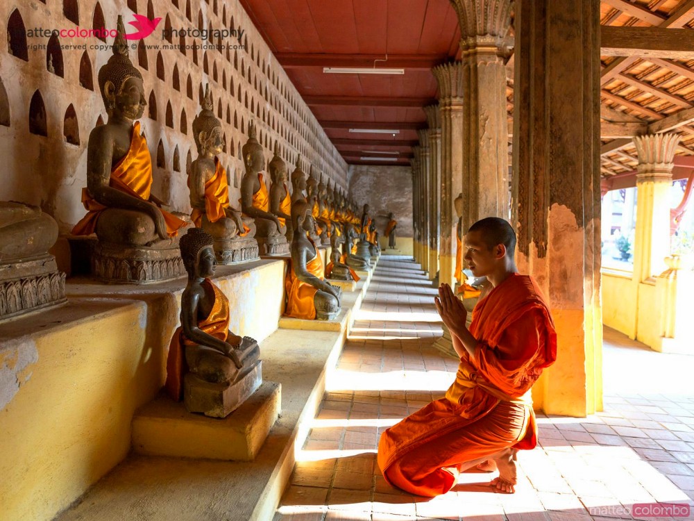 Buddhist monk praying, Wat Sisaket temple, Vientiane, Laos